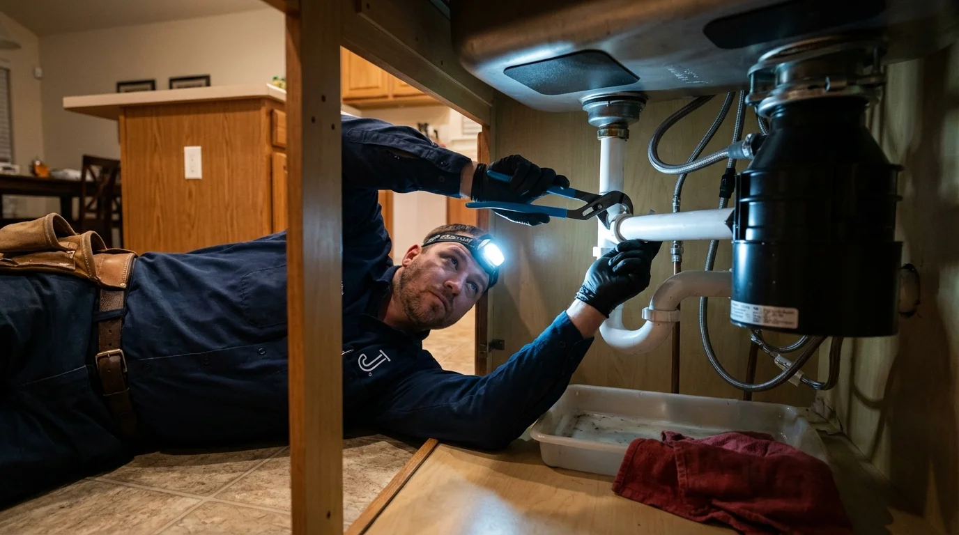 P-trap and supply line connections under a kitchen sink showing a common leak point in Taylor, PA